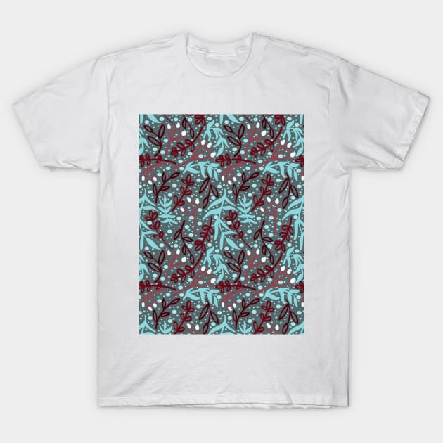 Botanicals and Dots - Hand Drawn Design - Blue, Red, White, Teal T-Shirt by GenAumonier